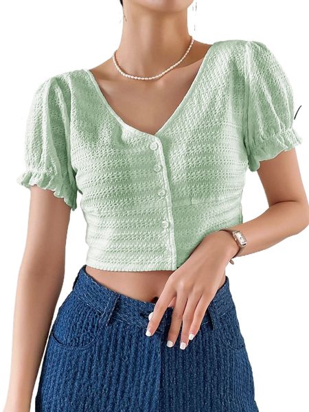 

dazy flounce sleeve button front tee z7zp#, White
