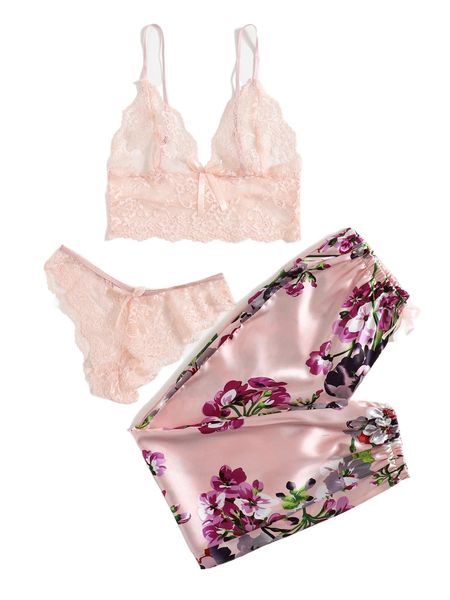 

floral lace lingerie set with floral print satin pants o7xl#, Black;red