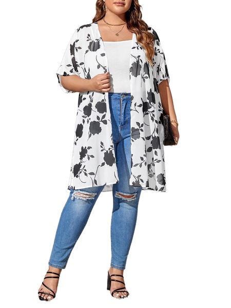 

plus floral print dolman sleeve kimono h5al#, Black;gray