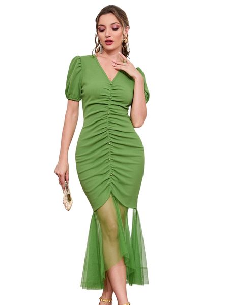 

puff sleeve ruched contrast mesh mermaid hem dress k6iv#, Black;gray