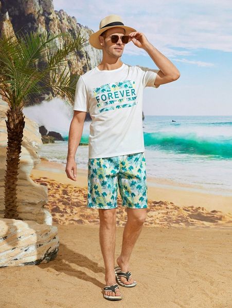 

men letter & coconut tree print tee & shorts y4uw#, Gray