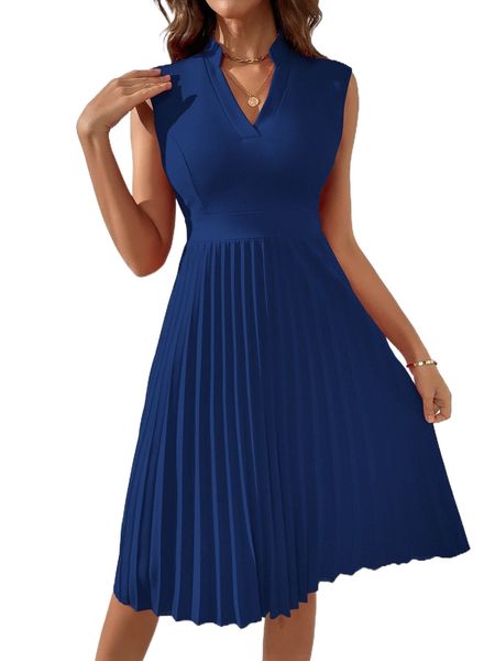 

solid pleated notched a-line dress i8fn#, Black;gray