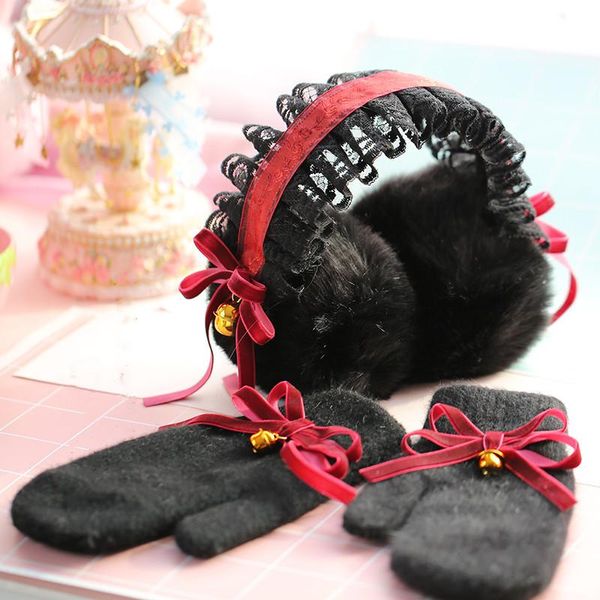 Berretti Scaldaorecchie Accessori invernali Lolita Nastro bordeaux Campane Copertine in peluche Regalo per ragazza Paraorecchie in pizzo nero goticoBerretti