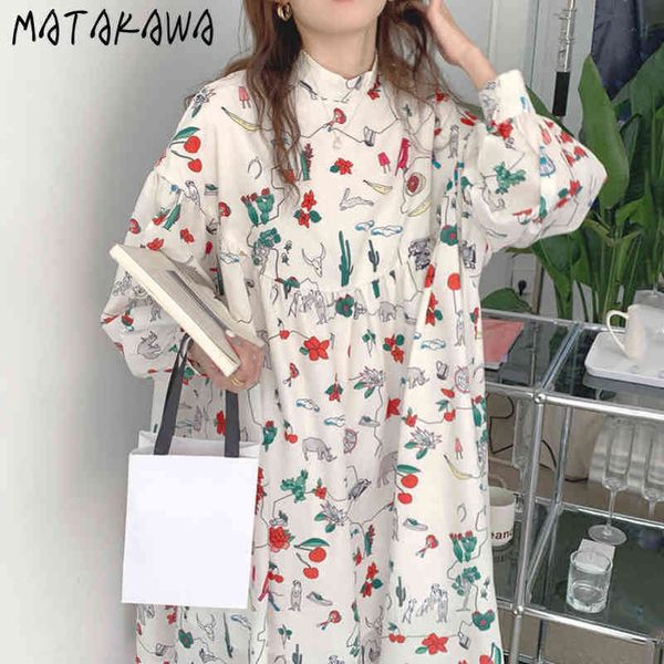 

korea stand collar dress full screen cartoon print vestidos loose lantern sleeves robe femme big swing doll dresses 210506, Black;gray