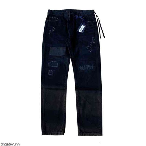 Kleidung Herrenhosen Übergröße Kith Jeans Männer Frauen Hohe Qualität Allgleiches Kleines gerades Bein Gewaschenes Loch Patch Schwarz Casual Pantsxg4v