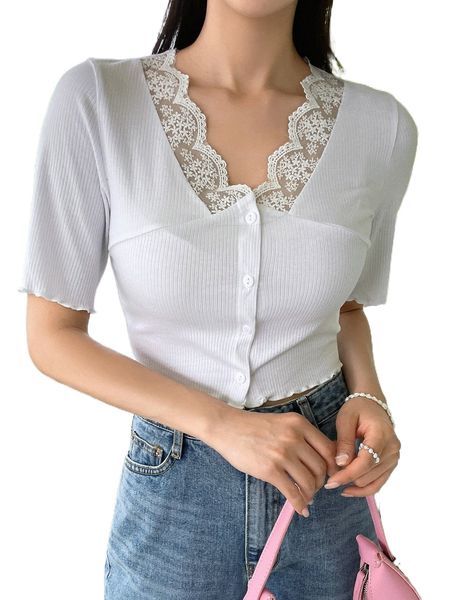 

dazy contrast lace lettuce trim button front tee 41ob#, White