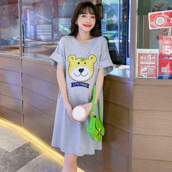 

summer maternity cotton clothes short sleeves oneck loose pregnancy cartoon dress plus size pregnant woman straight dress j220628, White