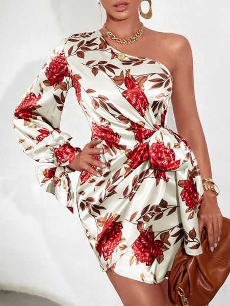 

floral print one shoulder knot side satin dress v9hn#, Black;gray