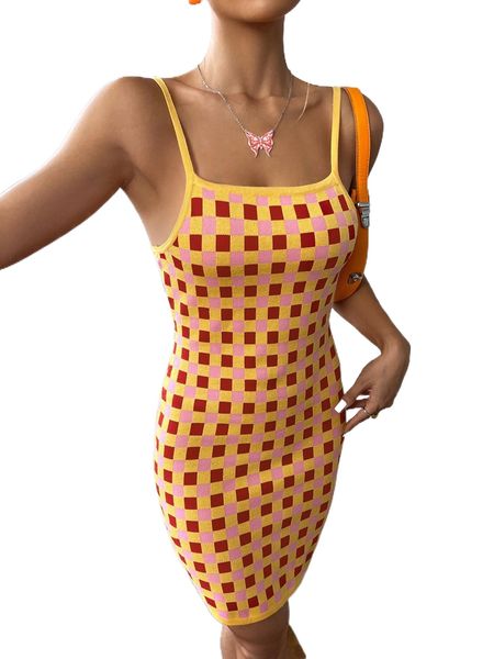 

plaid pattern cami sweater dress k1ml#, White;black