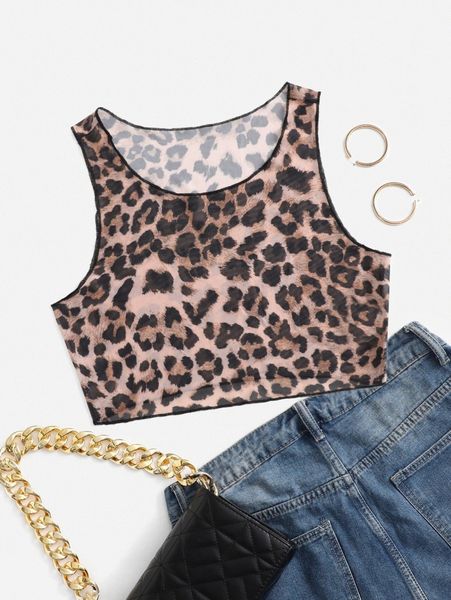 

plus leopard print mesh tank a611#, Black
