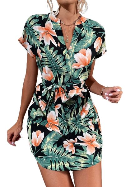

notched neck tropical print belted tunic dress l0oa#, Black;gray