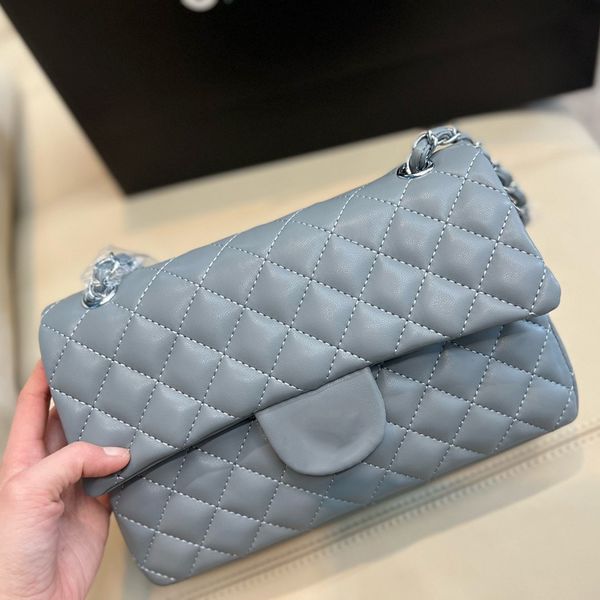 

22ss classic flap crossbody bag blue-grey diamond check quilted leather gold and silver buckle braided chain shoulder bag luxury designer wa