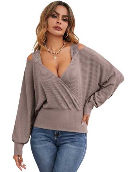 

contrast lace cold shoulder batwing sleeve tee j5dz#, White