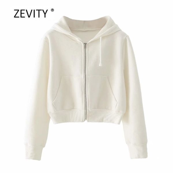 

zevity women solid white color casual hooded sweatshirts ladies zipper pocket hoodies brand chic lj201102, Black
