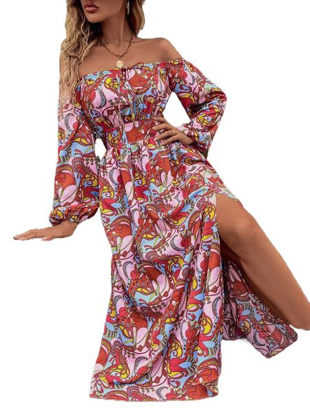 

allover print split thigh bardot dress n980#, Black;gray