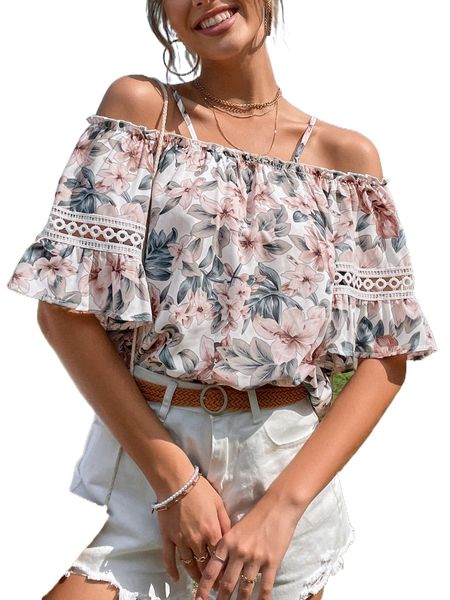 

floral print cold shoulder flounce sleeve blouse t2r7#, White