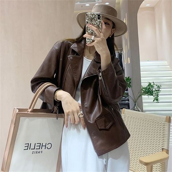 

ftlzz spring autumn soft faux leather short jacket women high street pu leather coat lapel loose parker biker zipper fit outwear 220815, Black