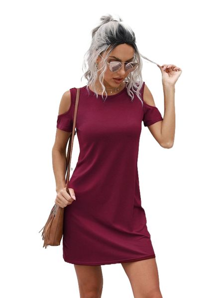 

cold shoulder solid tee dress i7py#, Black;gray