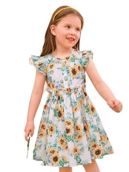 

toddler girls floral print butterfly sleeve frill trim dress o00v#, Black;white