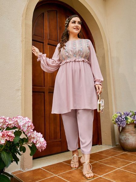 

plus floral embroidery lantern sleeve peplum & pants 49sv#, Black