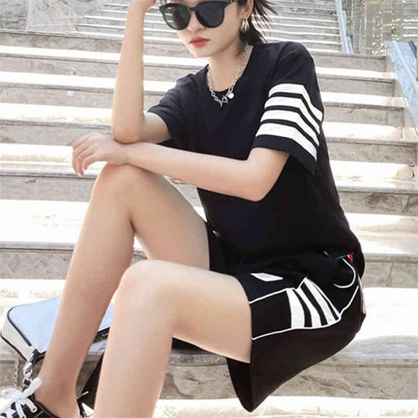 

2022 new special offer four bar short sleeve t-shirt casual sports suit women summer couple shorts fashion two-piece set, White