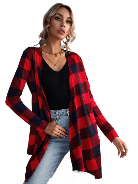 

buffalo plaid draped-front coat v8q5#, Black