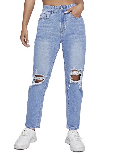 

high waisted ripped mom fit jeans m77z#, Blue