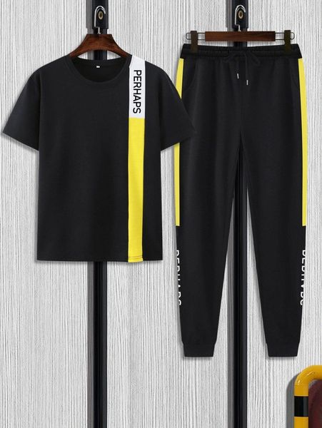 

men letter graphic contrast panel tee & drawstring waist sweatpants q81b#, Gray