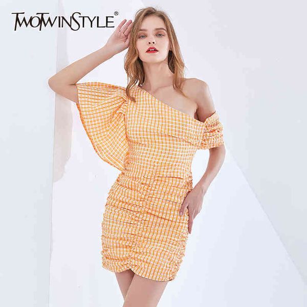 

plaid ruched slim dress for women asymmetrical collar short sleeve high waist mini dresses female fashion summer 210423, Black;gray