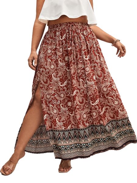 

plus paisley print split thigh skirt j50e#, Black