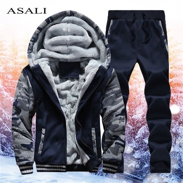 

thicken winter sportswear tracksuits sets men's hooded zipper jacket pants track suits male patchwork fleece 2 pieces sets 4xl 201128, Gray
