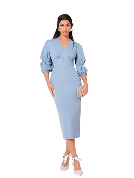 

modely button front puff sleeve dress e5ag#, Black;gray