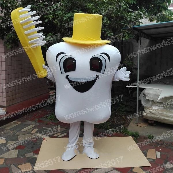 Costume della mascotte del dente di Halloween e dello spazzolino da denti giallo Costume da personaggio dei cartoni animati di alta qualità Completo unisex per adulti Vestito di carnevale di Natale