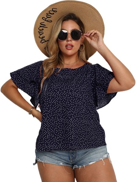 

plus polka dot butterfly sleeve blouse 07av#, Black