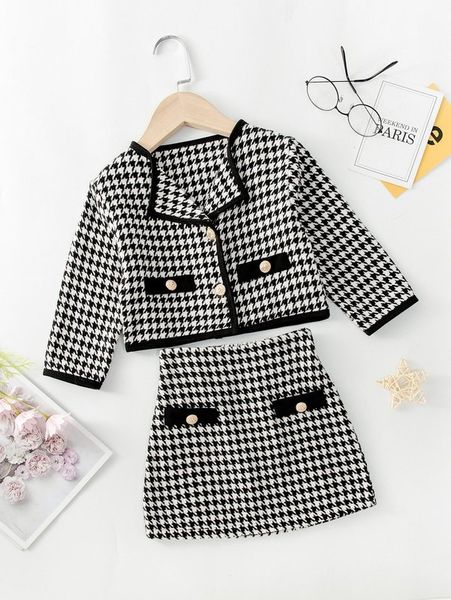 

little girl's thousand bird check button detail jacket and skirt she, White