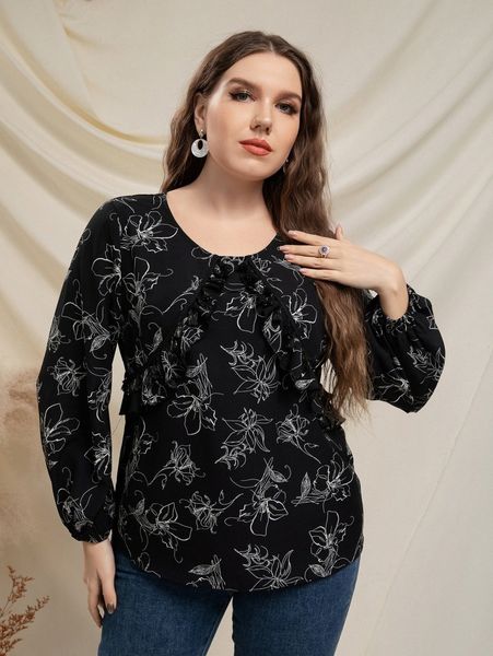 

plus floral print ruffle trim lantern sleeve blouse k3hg#, Black