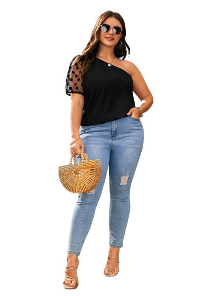 

plus contrast polka dot mesh puff sleeve one shoulder blouse n3gm#, Black