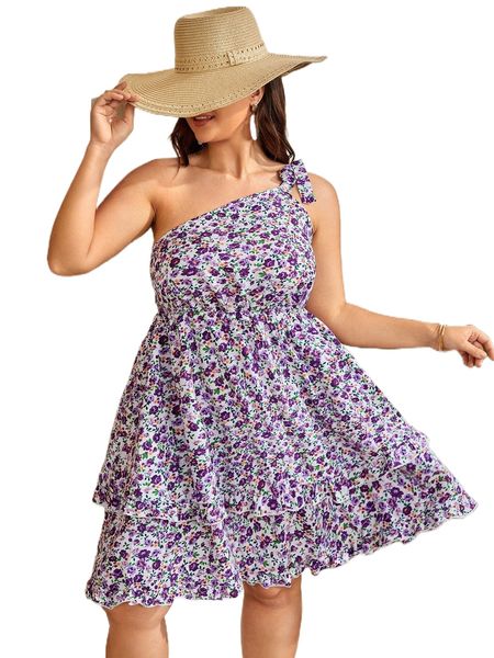 

plus ditsy floral knot one shoulder layered hem dress c2lu#, Black