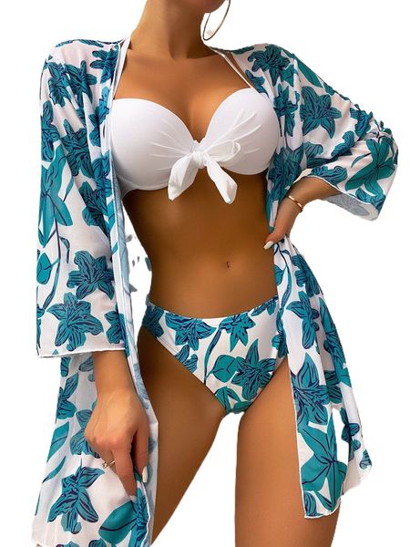 

3pack floral print push up bikini swimsuit & kimono q4vk#, White;black