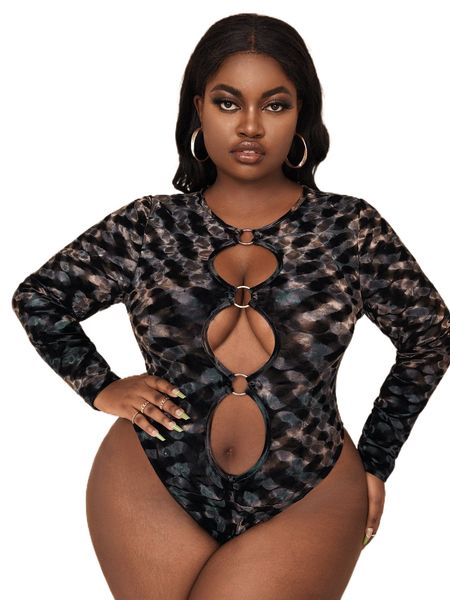 

sxy plus allover print ring linked cut out velvet bodysuit v61q#, Black