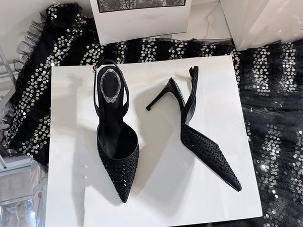 

2022 designer pointed toe ladies wedding back space sandals shoes genuine leather rhinestone decorationfor ladies, Black