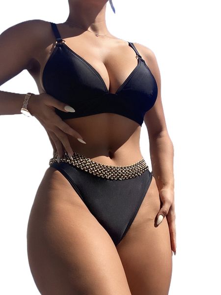 

ring linked sequin decor bikini swimsuit b608#, White;black