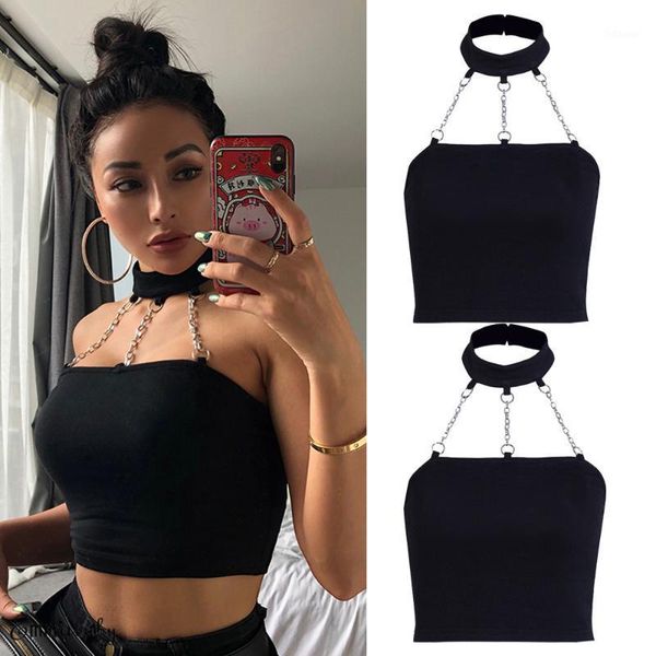 E-girl Punk Style Choker Halter Top Black Women Sexy Y2K Fashion Slim Cami Backless Buckle 90s Summer Tank Tops T-Shirt da donna