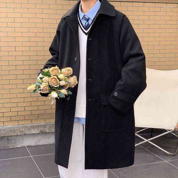 

men's wool & blends winter casual woolen coat long-sleeved mid-length oversize windbreaker korean warm lapel jacket retro trendy male c, Black