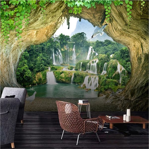 

custom 3d p wallpaper nature big tree hole space wall mural 3d three-dimensional waterfall landscape mural wallpaper