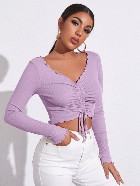 

lettuce trim drawstring ruched front solid tee w9zq#, White