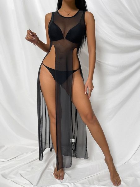 

plain slit sheer mesh cover up d37u#, White;black