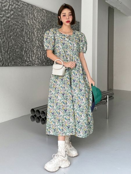 

dazy allover floral print puff sleeve smock dress m4q4#, Black;gray