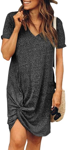 

womens casual v neck short sleeve tshirt dresses side knot mini dress e2c9#, Black;gray