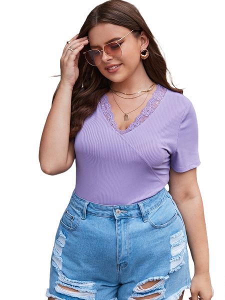 

plus lace trim wrap tee v0pm#, Black